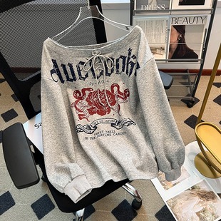 春秋印花复古绑带宽松斜领上衣 t恤卫衣2025新款 美式 高街潮牌长袖