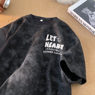 美式扎染纯棉短袖T恤男款夏季高街潮流痞帅青少年宽松半袖上衣服