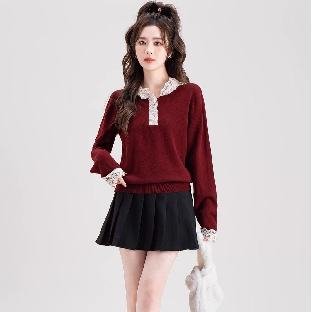学院风蕾丝拼接钉珠针织打底衫女