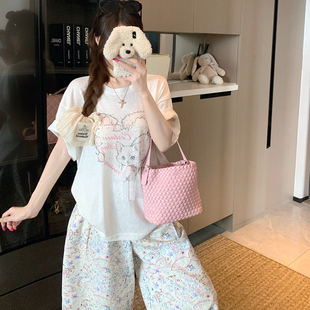 雪花棉蕾丝蝴蝶结卡通印花短袖 深圳南油高韩货egg意法女装 T恤上衣