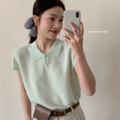 杭州四季青高端韩系女装广州十三行上衣薄荷绿短袖POLO领针织衫夏
