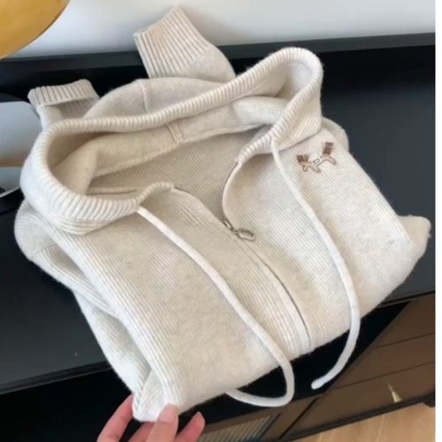羊绒衫韩系慵懒风拉链连帽针织衣
