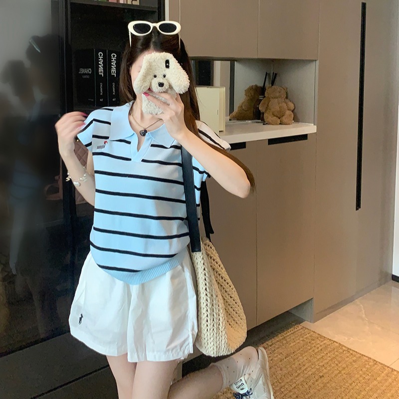韩货卡通刺绣条纹POLO领短款T恤