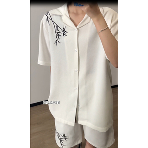 新中式男风翻领短袖衬衫夏季复古竹子绣花短裤套装 TZ505-P60图片