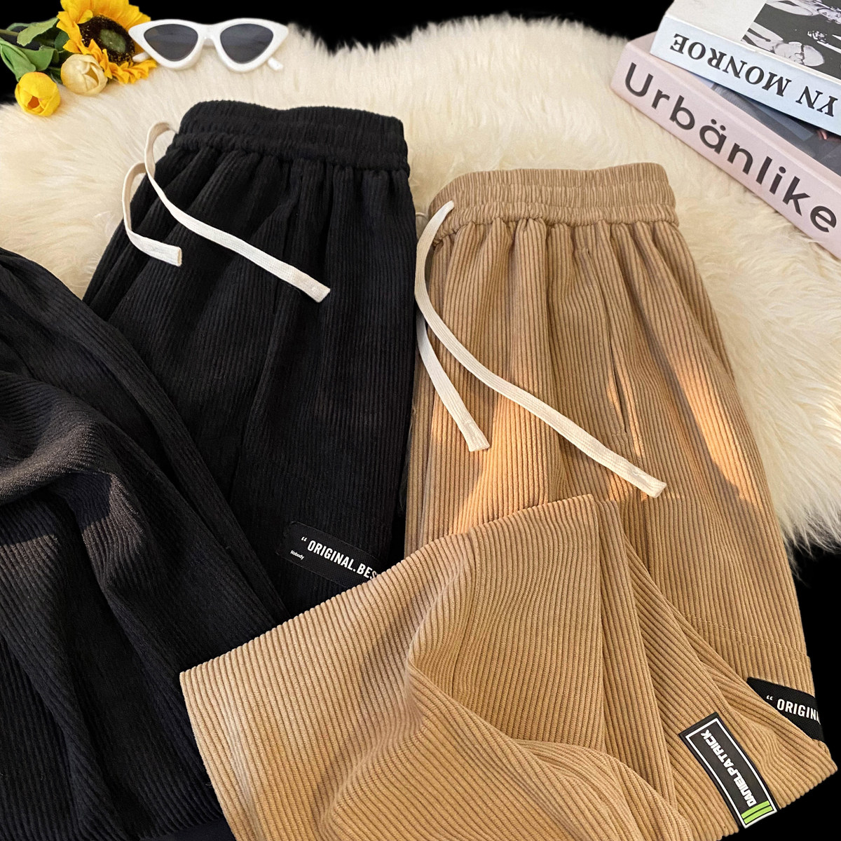 2025春装新款立体剪裁男士休闲裤时尚贴标灯芯绒束脚裤K6697-P45，男装休闲裤，电商A006