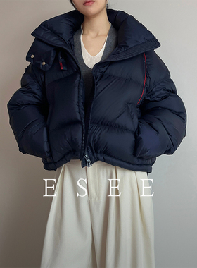 ESEE怡汐定制 蓬松保暖撞色线连帽防风防水短款立领羽绒服女冬
