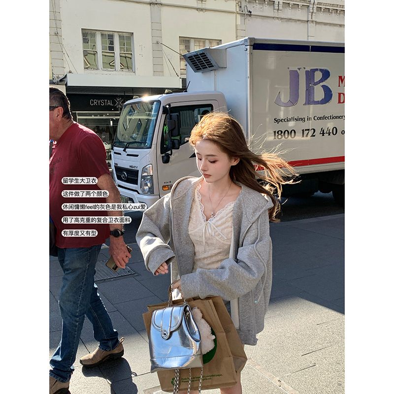 连帽宽松拉链卫衣外套