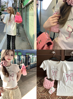 Ashy Snow 甜妹速成 蝴蝶结印花T恤女2024新款 宽松/修身2版型~