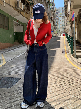 Ashy Snow 超绝版型！复古原色深蓝色牛仔裤女2024新款直筒阔腿裤