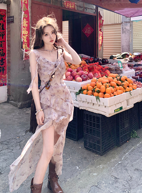 Ashy Snow 旧梦鸢尾 灰紫色不规则下摆荷叶边吊带裙中长款连衣裙