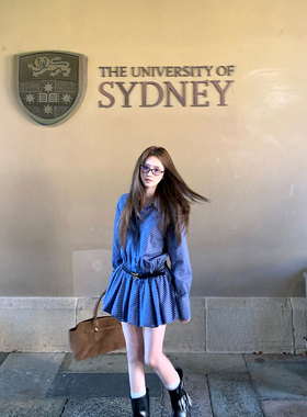 Ashy Snow 英区留学生 收腰花苞短款衬衫长袖连衣裙格纹松紧松弛