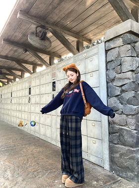 Ashy Snow 复古调调 加绒慵懒藏青格子裤女秋冬宽松直筒裤阔腿裤