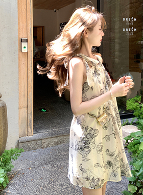 Ashy Snow 半夏山茶 素雅黑白印花挂脖上衣/连衣裙女夏设计感气质