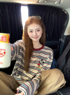 Ashy Snow 米奇刺绣慵懒撞色条纹长袖T恤宽松针织上衣复古高密度