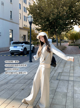 Ashy Snow 条纹法则 慵懒连帽卫衣银狐绒阔腿裤套装百搭宽松休闲