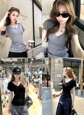 Ashy Snow 纸片人神tee 宽松正肩收腰v领天丝短袖T恤透气显瘦堆积