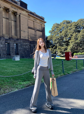 Ashy Snow 超模懒人裤 灰色翻腰垂感低腰微喇针织长裤设计感慵懒