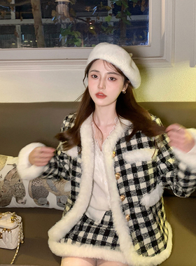 Ashy snow【清仓7折】黑白格子小香毛呢夹棉短外套短裙套装