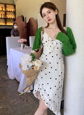 Ashy Snow【折扣清仓】半熟恋人 波点荷叶边不规则吊带连衣裙