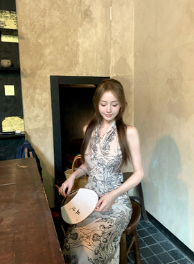 Ashy Snow 兰亭集序 清冷印花交叉绑带挂脖无袖连衣裙水墨气质