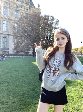 Ashy Snowkt酱 全羊毛灰色Kitty圆领套头毛衣针织衫蝴蝶结少女感