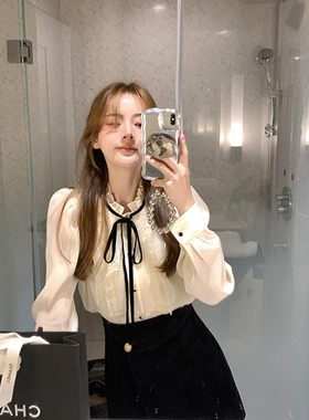 Ashy Snow加绒哦！Miu系少女丝绒织带蕾丝花边内搭打底长袖衬衫女