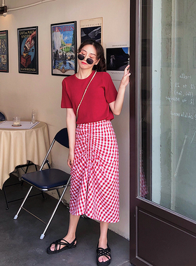 【6折】小众抽褶设计款格子高腰中长款半身裙 红色/蓝色