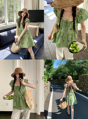 Ashy Snow 绿野森林 条纹刺绣宽松短袖娃娃裙/上衣A字版质感系带