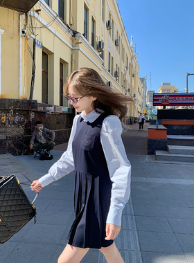 Ashy Snow 文学系少女 藏蓝色百褶miu系无袖背心裙气质质感连衣裙