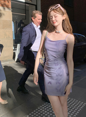 Ashy Snow梦境蝴蝶 弹力网纱女明星蝴蝶印花抽褶设计吊带连衣裙女