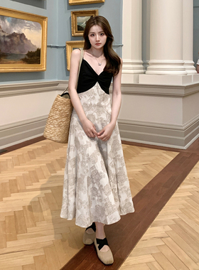 Ashy Snow 浮生翩翩/侘寂风设计感v领棉麻侘寂风拼接吊带连衣裙女