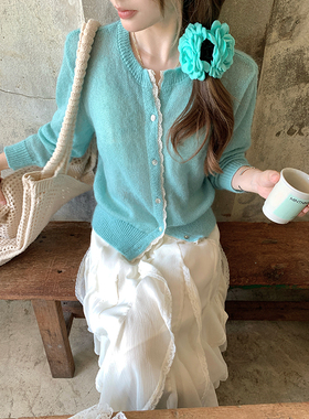 Ashy Snow 海盐气泡 蓝绿色马海毛蕾丝针织开衫亲肤轻薄甜美温柔