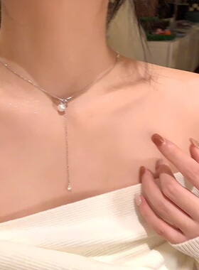 千亿少女#流苏珍珠项链女抽拉锁骨链高级感小众颈链choker毛衣链