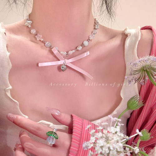 蝴蝶结爱心串珠项链女