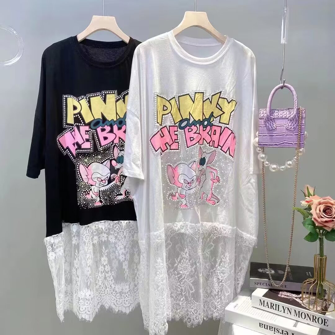 胖mm大码蕾丝拼接短袖t恤女夏连衣裙