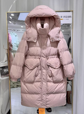 2025冬季连帽抽绳收腰中长款鸭绒羽绒服保暖过膝外套女装手套款