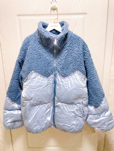 2个色重工钉珠亮面棉服女加厚棉衣羊羔毛拼接棉袄外套