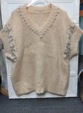 重工钉珠V领混色花纱粗针织套头毛衣背心宽松叠穿马甲上衣女