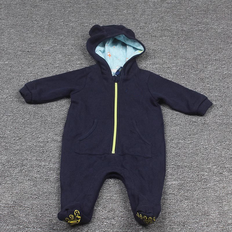 春秋季英单BK男童双层面料全棉包脚连帽连体衣爬服连身衣