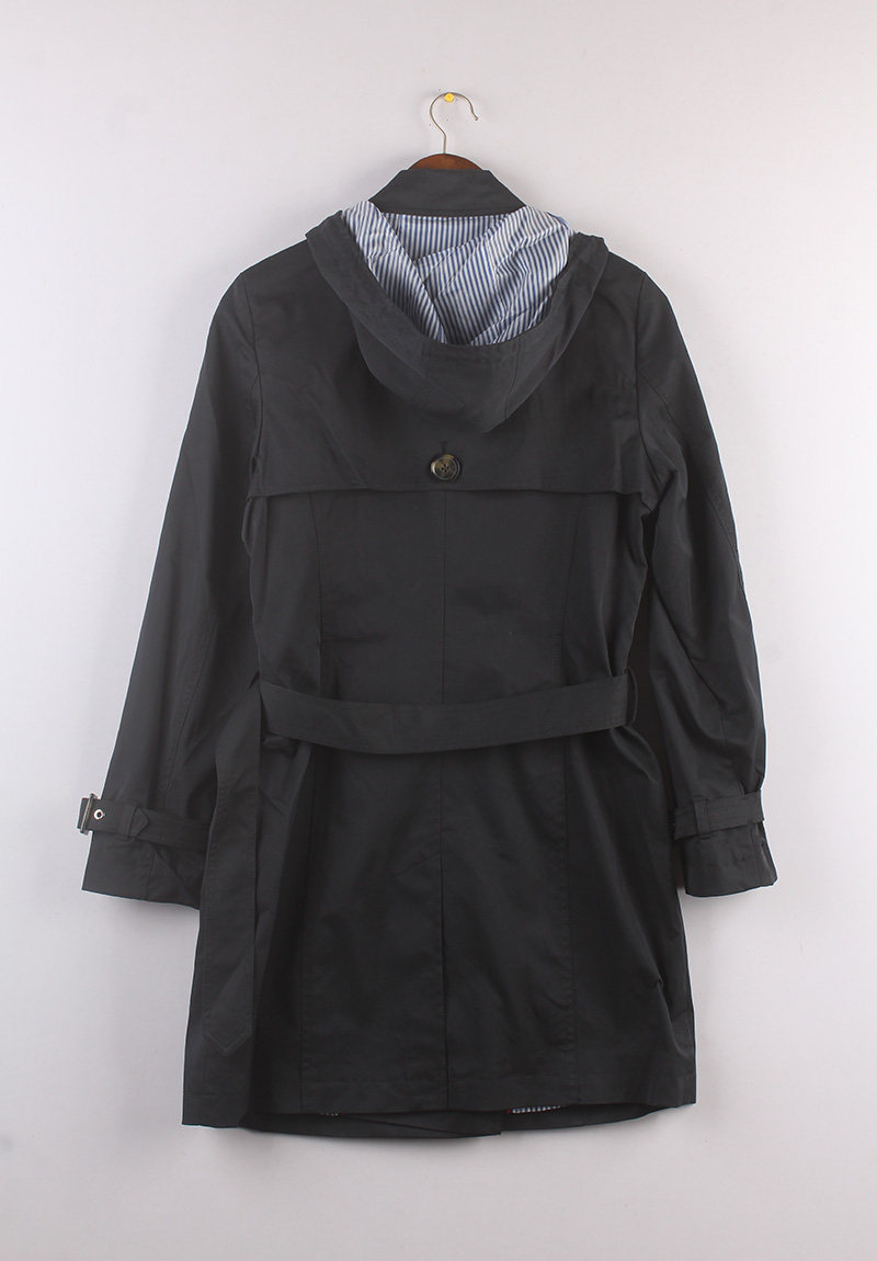 E家春秋季女士中长款双排扣可脱卸帽子连帽纯色风衣百搭上衣