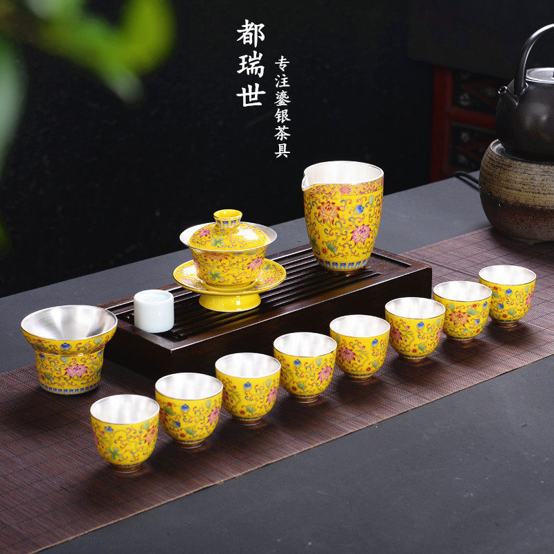 999纯银茶具套装纯手工家用珐琅彩鎏银茶杯青花功夫茶具茶碗整套
