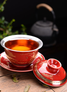 银盖碗999纯银茶碗景德镇珐琅彩鎏银三才碗青花瓷功夫茶具泡茶器