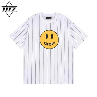 上衣王源同款 条纹笑脸比伯t恤男女情侣潮牌纯棉半袖 drew短袖 正品
