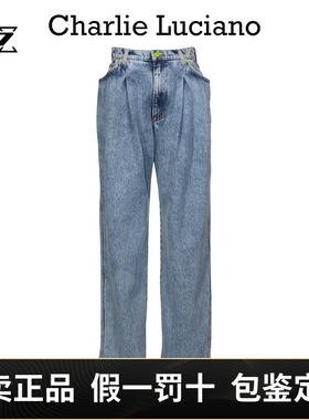 Charlie Luciano褶皱牛仔裤cl宽松休闲高腰直筒牛仔裤长裤女潮牌
