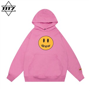潮牌纯棉外套上衣秋冬 男女情侣美式 正品 drew连帽卫衣桃粉笑脸帽衫
