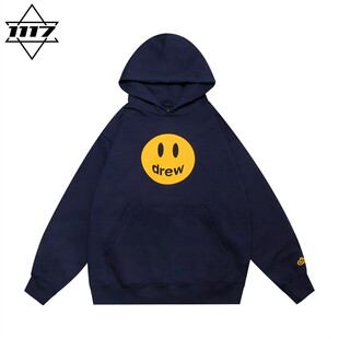 潮牌纯棉外套上衣秋 男女情侣美式 正品 drew连帽卫衣海军蓝笑脸帽衫