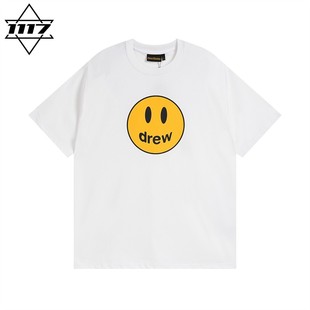 正品drew短袖白色笑脸比伯t恤男女情侣潮牌纯棉圆领半袖上衣春夏