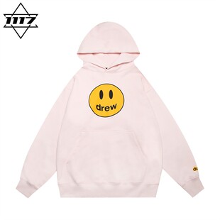 潮牌纯棉外套上衣秋冬 男女情侣美式 正品 drew连帽卫衣浅粉笑脸帽衫
