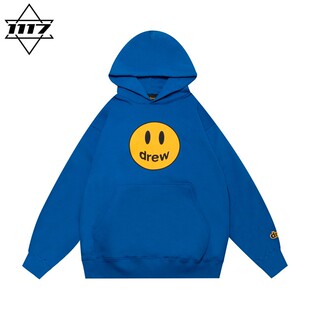潮牌纯棉外套上衣 男女情侣美式 正品 drew连帽卫衣克莱因蓝笑脸帽衫