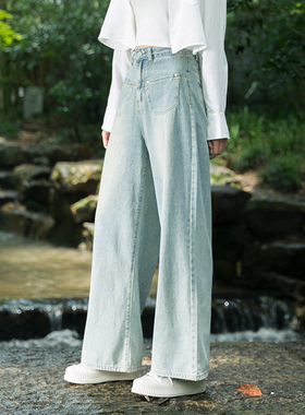 分oldcolour秋高腰显瘦水洗浅蓝色牛仔裤直筒宽松BQ311106A1-499